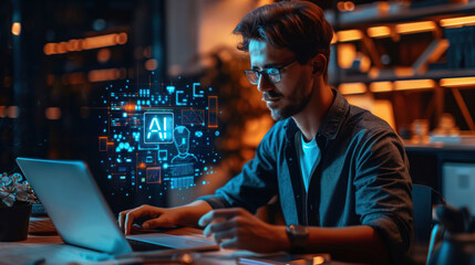 A focused man interacts with advanced AI interface on his laptop in a dynamic digital environment.