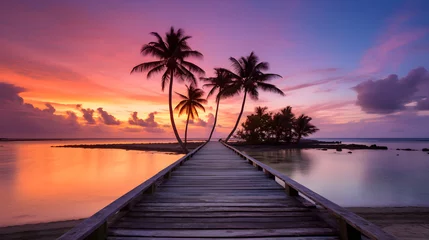 Papier Peint photo Descente vers la plage Majestic Dawn: Sunrise Reflecting on Tranquil Beach with Silent Palm Trees and Wooden Boardwalk