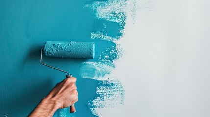 hand holding a painter roller with blue paint, transforming a white wall.