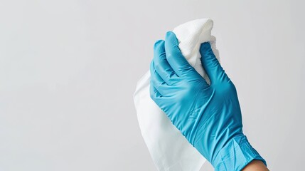 gloved hand in a medical glove holding a white washcloth on a white background.