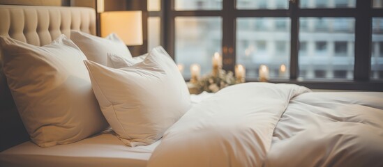 Hotel bedroom interior with a cozy white pillow on the bed