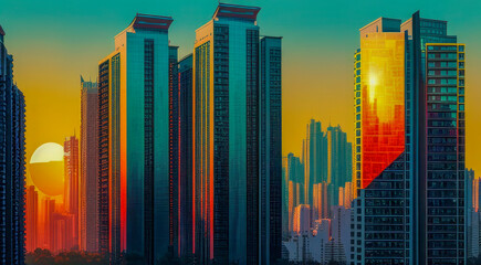 Dramatic Sunset Reflections on City Skyline