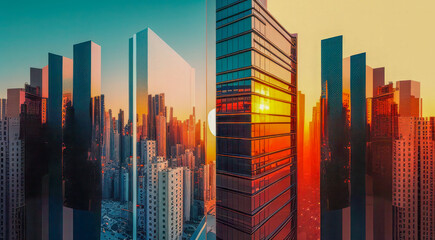 Dramatic Sunset Reflections on City Skyline