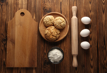 Ingredients for baking and preparing homemade cereal cookies. Cooking process. Flat lay