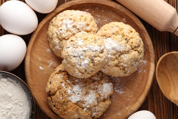 Ingredients for baking and preparing homemade cereal cookies. Cooking process. Flat lay