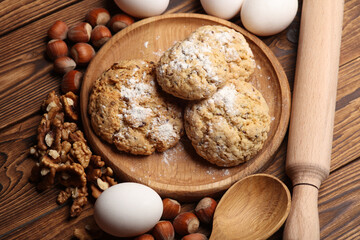 Ingredients for baking and preparing homemade cereal cookies. Cooking process. Flat lay
