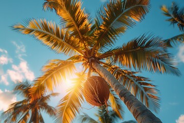 Fototapeta premium Sunshine bursts through the fronds of a palm tree in this tropical sky, highlighting its silhouette