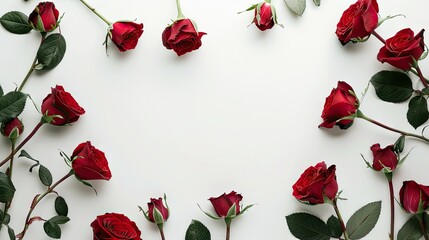 flat lay with red roses in the corners on a white background. Embrace a top view for a modern and stylish composition.