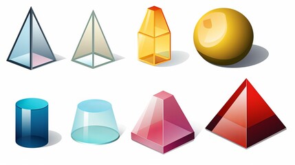 Geometry solids including cubes, rectangular prisms, pyramids, triangular prisms, cones, cylinders, and spheres are depicted, offering a comprehensive view of geometric shapes.