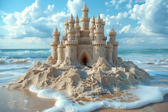 Intricate sand castle with multiple towers and parapets stands against a backdrop of blue sky and frothy waves, invoking feelings of creativity and nostalgia