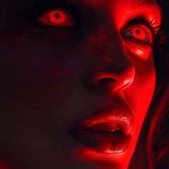 face of a girl in closeup with red light looking surprised