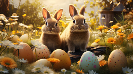 Fototapeta na wymiar A playful and whimsical Easter scene with decorated eggs, bunnies, and spring flowers, capturing the spirit of renewal and joy associated with the holiday, Illustration Generative AI