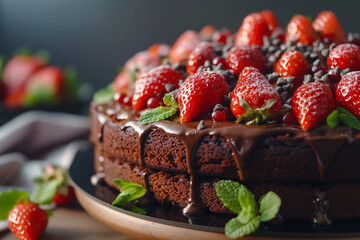 Tasty chocolate cake on grey table