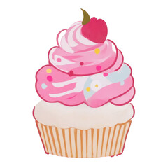 Sweet Celebration Dessert with Chocolate, Pink Cream, and Cherry Cupcake Delights in Vector Illustration
