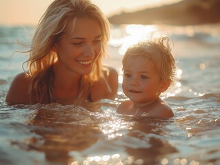 mother and son playing on the beach, sunset light