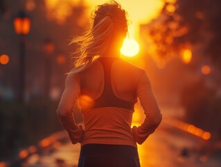 Woman athlete running on a city street. Runner jogging in sunny bright light, Sportswear. Bright sunset