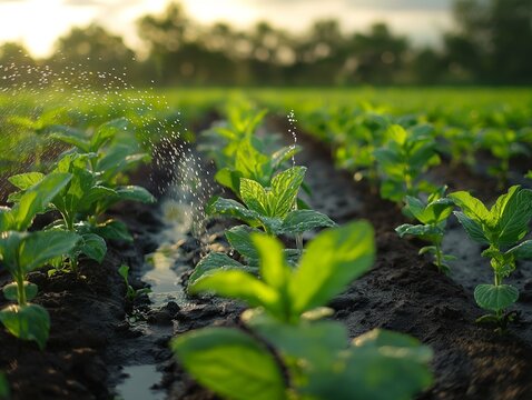 Irrigation system on agricultural soybean field, grow plants in the dry season