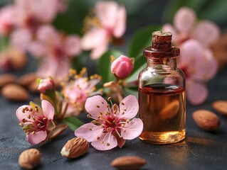 Obraz na płótnie Canvas almond oil from almond nut, almond flower, ingredient for cosmetics and beauty