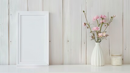 Frame a photo and flowers, minimalist style.