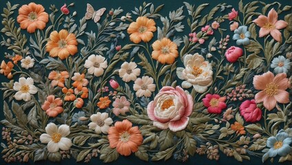 A specially embroidered fresco covered with magnificently detailed flowers