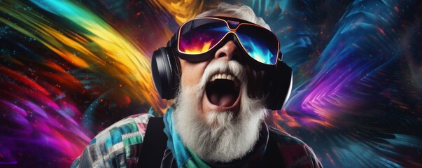 Old men in futuristic VR googles is exploring world with feeling like in space, banner. Generative Ai.