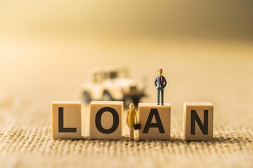 Two miniature people are standing in front of wooden blocks spelling the word LOAN.