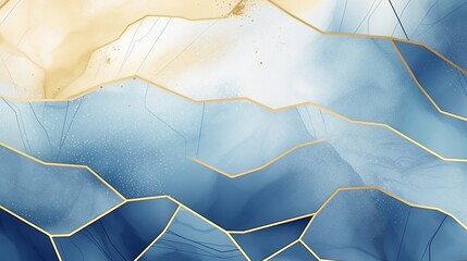 Modern abstract golden lines intertwine with a blue watercolor background, creating an artistic and visually striking art pattern.