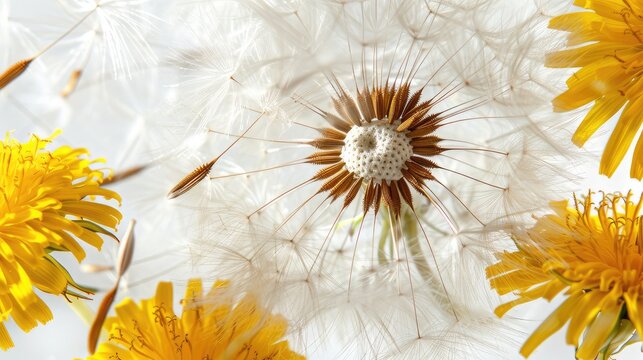 close-up of a dandelion puffball and yellow dandelions on a pure white background.