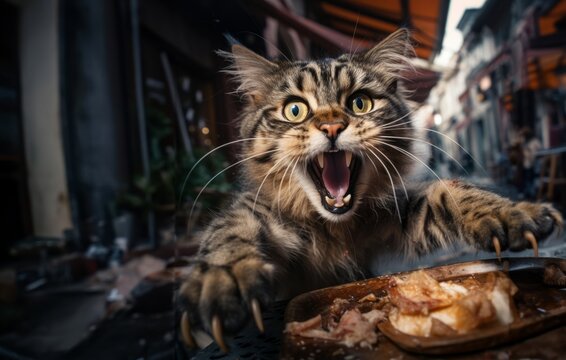 A hungry cat attacks its food with a wild fury.Generated image