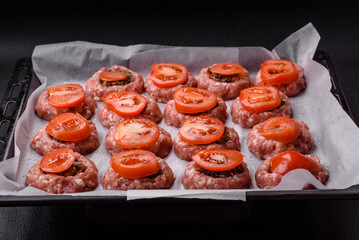 Delicious baked meat boats with mushrooms, cheese, salt and spices