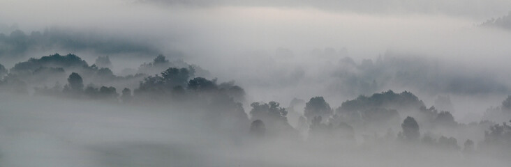 Morning fog in the black forest mountains, a foggy natural woods landscape. Panorama of Neckar valley in germany. 