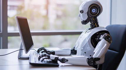 An advanced white robot with a prominent black eye is sitting at a desk, typing on a computer keyboard, indicating the growing role of automation in tasks traditionally performed by humans