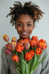 Young smiling African woman with a bouquet of tulips.