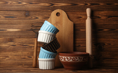 Fototapeta na wymiar Kitchen utensils for cooking on wooden boards