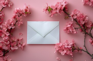 White Envelope Surrounded by Pink Flowers on Pink Background