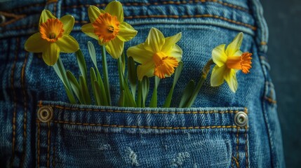 Showcase daffodils growing in a jeans pocket, blending floral fashion and botanical elegance