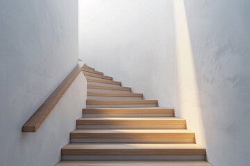 A minimalist wooden staircase leaning against a pristine white wall, embodying simplicity and space