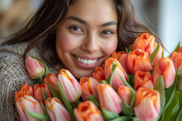 Young smiling brunette with a bouquet of tulips.
