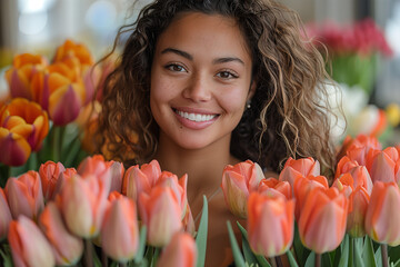 Young brunette among tulips.