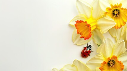 floral frame with a blooming daffodil and a ladybug on an empty page against a white background