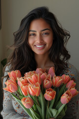Young smiling Indian woman with a bouquet of tulips.
