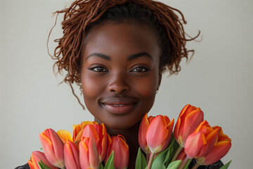 Young smiling African woman with a bouquet of tulips.