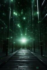 Abstract green cyber background with door in center.
