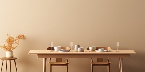 Minimalist dining room interior with wooden table, design chairs, candle, coffee cup, tableware, beige wall and personal accessories. Copy space. template.