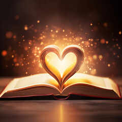 Open book with glowing heart-shaped pages and sparkling background.  Love for  literature and reading concept. Image for World Book Day event with copy space.   - obrazy, fototapety, plakaty