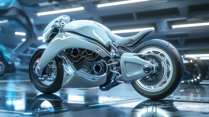 3D image of a futuristic prototype motorcycle in a captivating side view