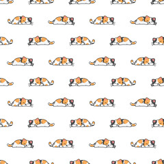 Lazy calico cat sleeping cartoon seamless pattern, vector illustration