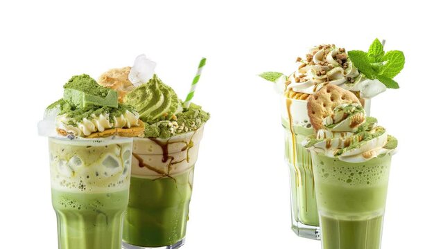 milk macha ice cream float with biscuit topping green drink with straw animated motion graphic baverage title opening motion