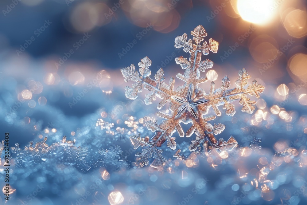 Poster a detailed close-up shot capturing the unique patterns of a crystal snowflake, glittering amidst a s