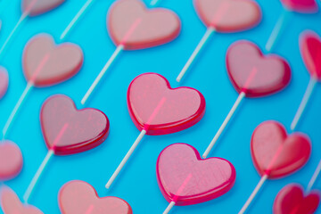 Array of Glossy Red Heart-Shaped Lollipops on a Vibrant Blue Background